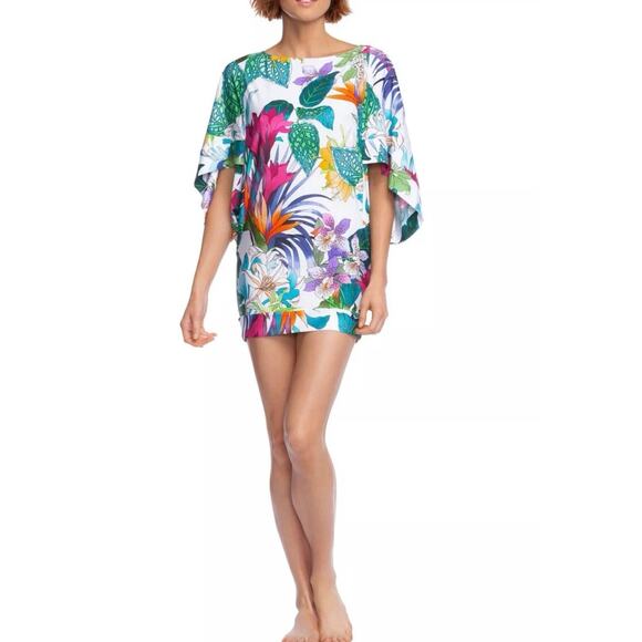 Trina Turk dress Medium Amazonia tropical tunic swim coverup boatneck floral